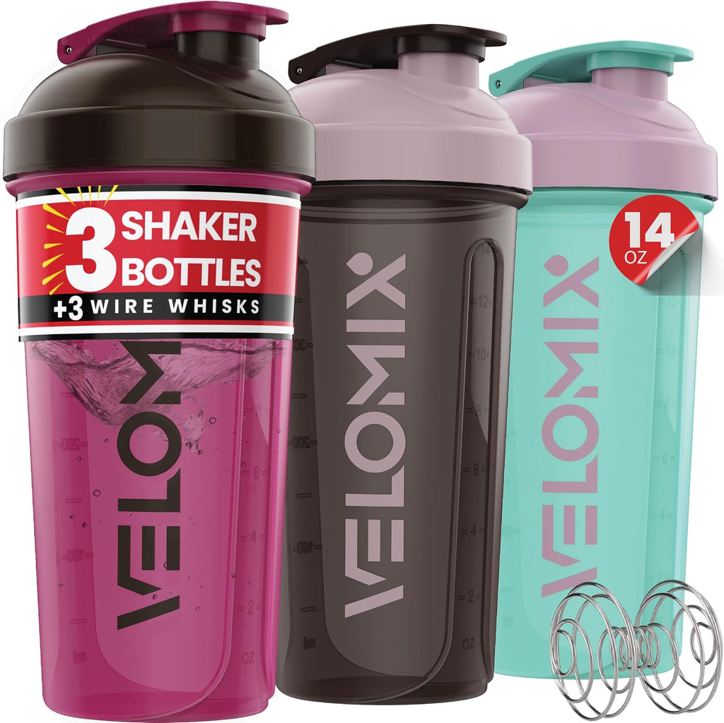 3 Pack 14oz Protein Shaker Bottle for Protein Mixes, Mixed Colors | 3x Wire Whisk, Leak Proof Shaker Cups for Protein
