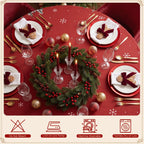 Christmas Table Cloth Round 70 Inch Winter Snowman Trees Red