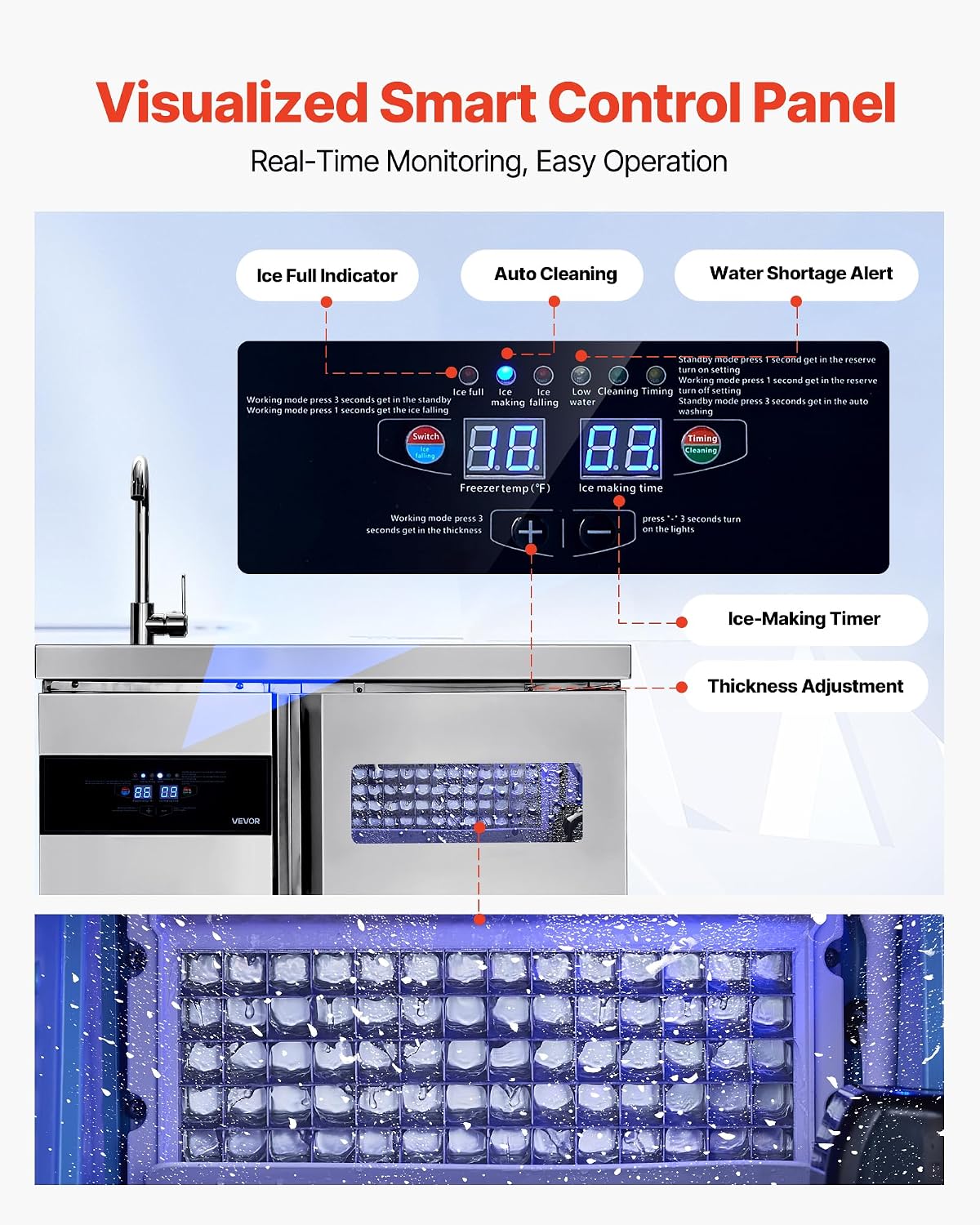 Commercial Ice Maker Machine, 132 lbs/24H Stainless Steel Worktop Ice Machine with Sink, 30 lbs Storage & 70
