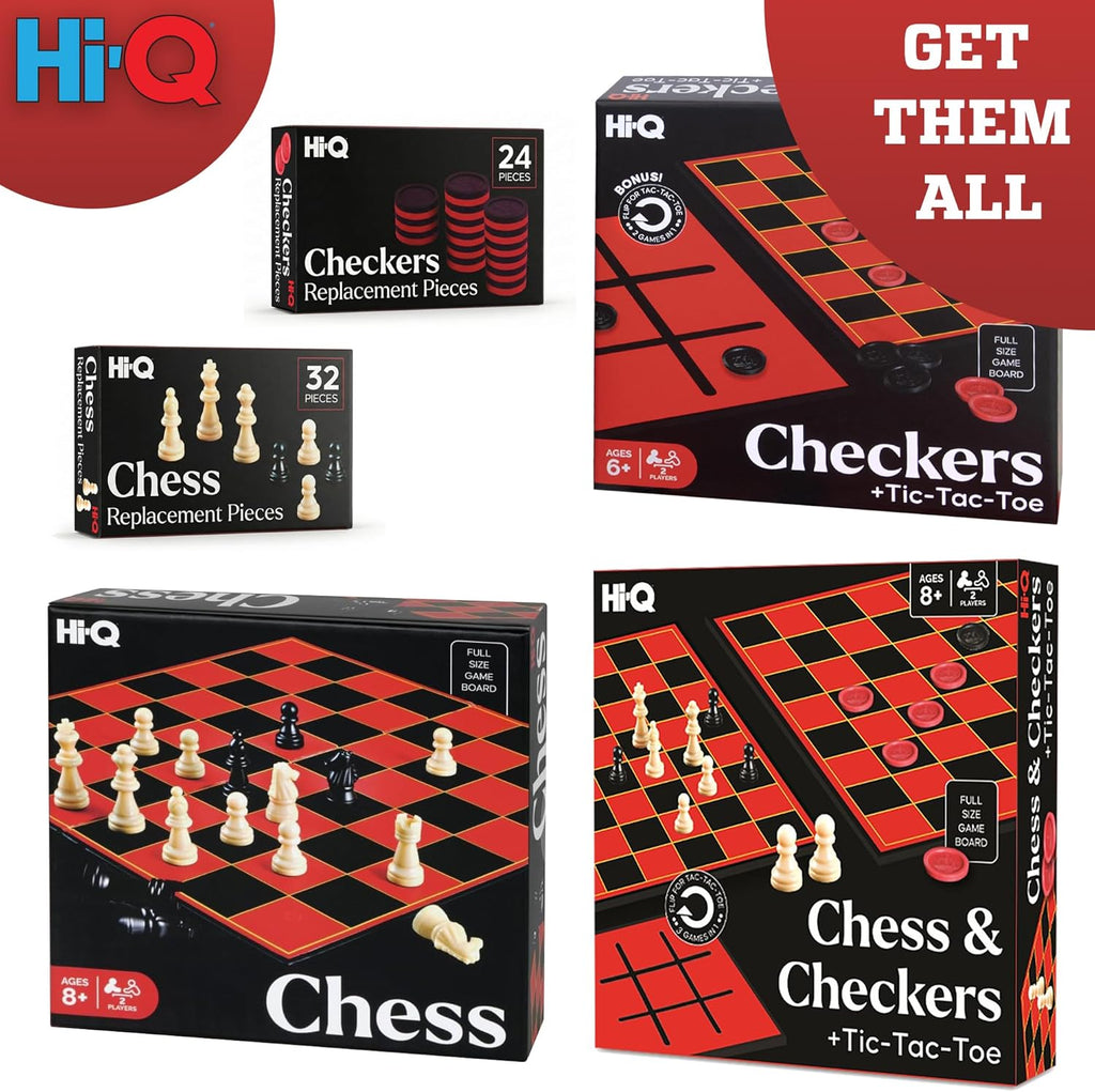 HI-Q Checkers & Tic-Tac-Toe Board Game Set – Classic Strategy for Kids & Family – Features Interlocking Stacking