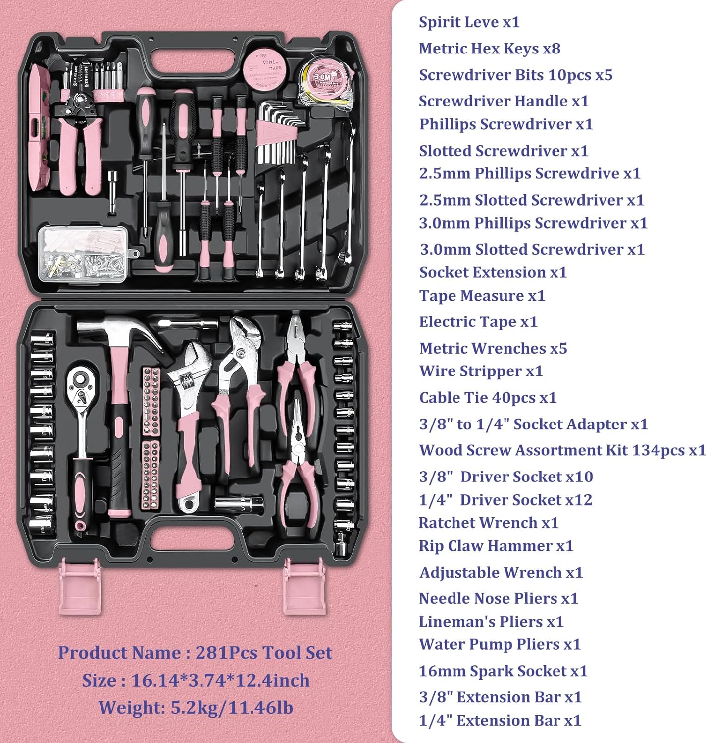 Home Tool Kit 281-PCs - General Basic Home Auto Repair Tool Kits - Complete Portable Hand Tool Sets for Women - Tool