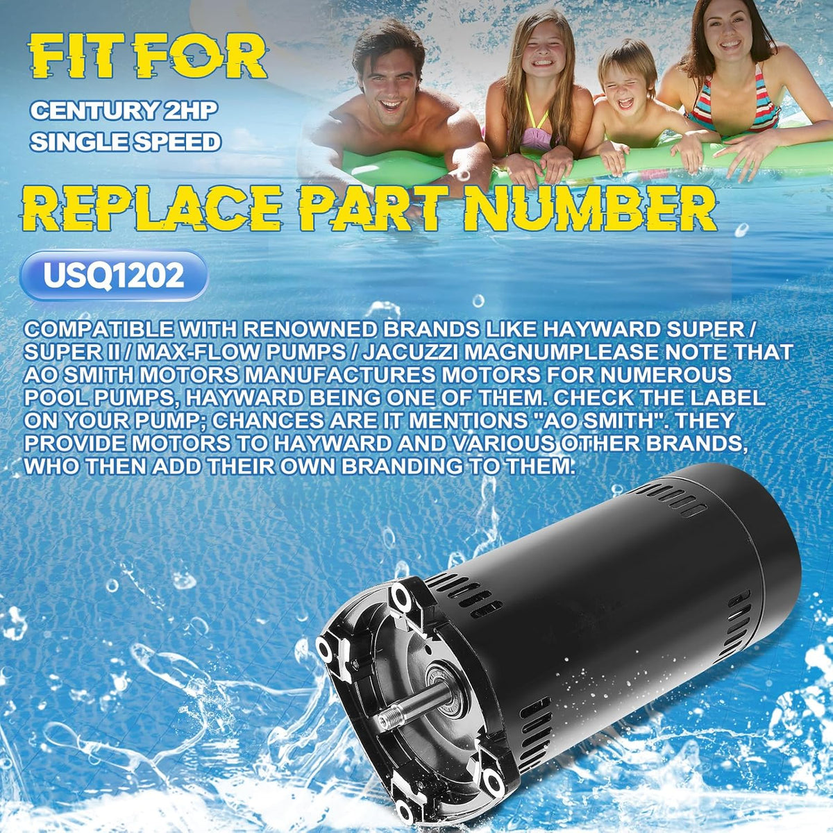 USQ1202 Pool Pump Motor 48Y Frame Fit for A.O. Smith/Century 2HP Motor