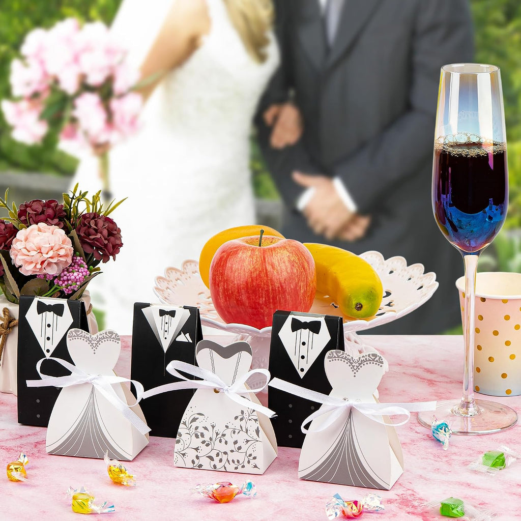 100 Pcs Wedding Candy Boxes, Tuxedo & Bride Favor Boxes, Creative Vintage Wedding Treat Bags with Ribbon for Bridal