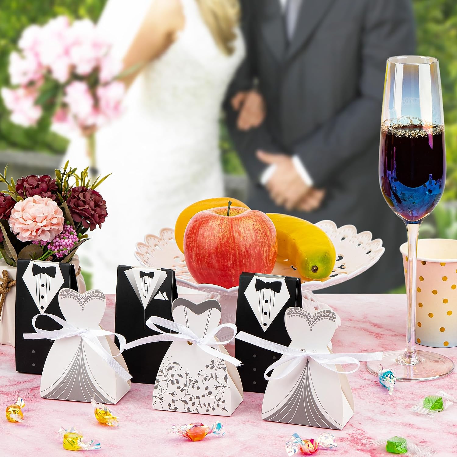 100 Pcs Wedding Candy Boxes, Tuxedo & Bride Favor Boxes, Creative Vintage Wedding Treat Bags with Ribbon for Bridal