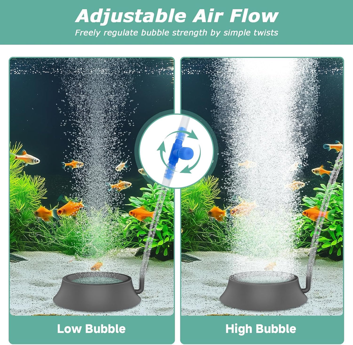 Aquarium Air Stone, Fish Tank Bubbler Aerator with Stainless Steel Base, Oxygen Diffuser for Nano Air Pumps