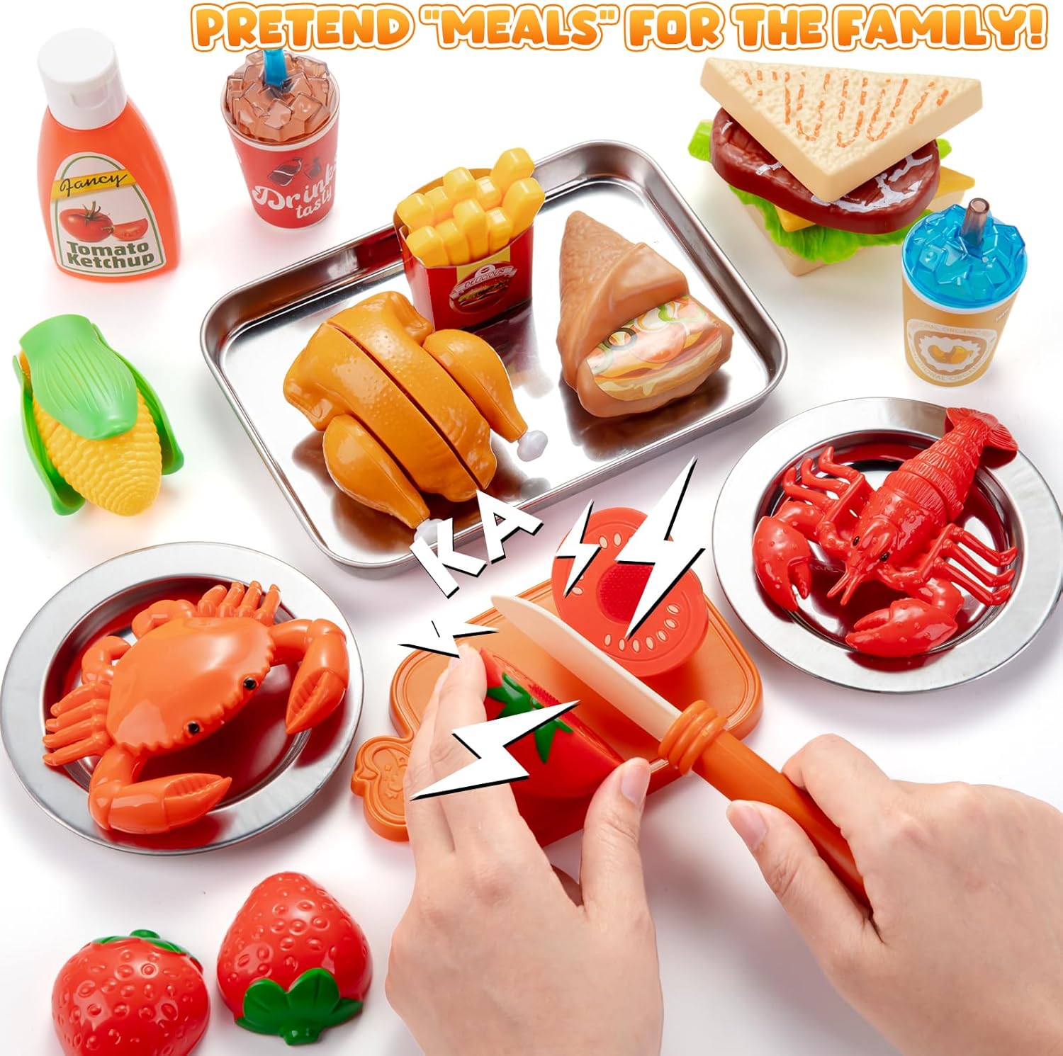 Pretend Play Food Set for Kds Kitchen, Cutting Toy Food with Storage Bag, Stainless Steel Tray and Plates, Fake Food