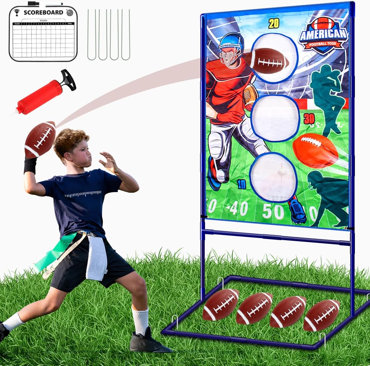Football Toss Game with 4 Inflatable Balls Sports Outdoors Toys for Boys | Football Games Throwing Target Backyard