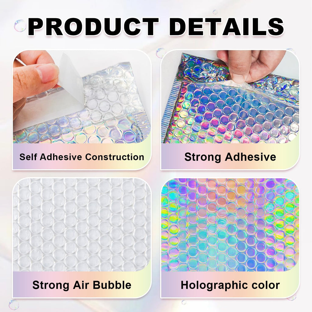 Holographic Bubble Mailers Shipping Bags, 50 Pack, 3 Sizes