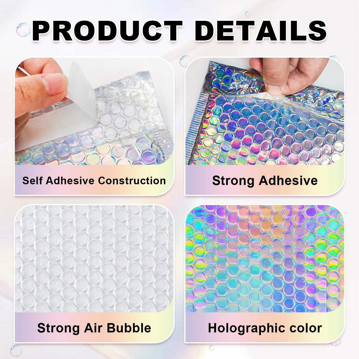 Holographic Bubble Mailers Shipping Bags, 50 Pack, 3 Sizes