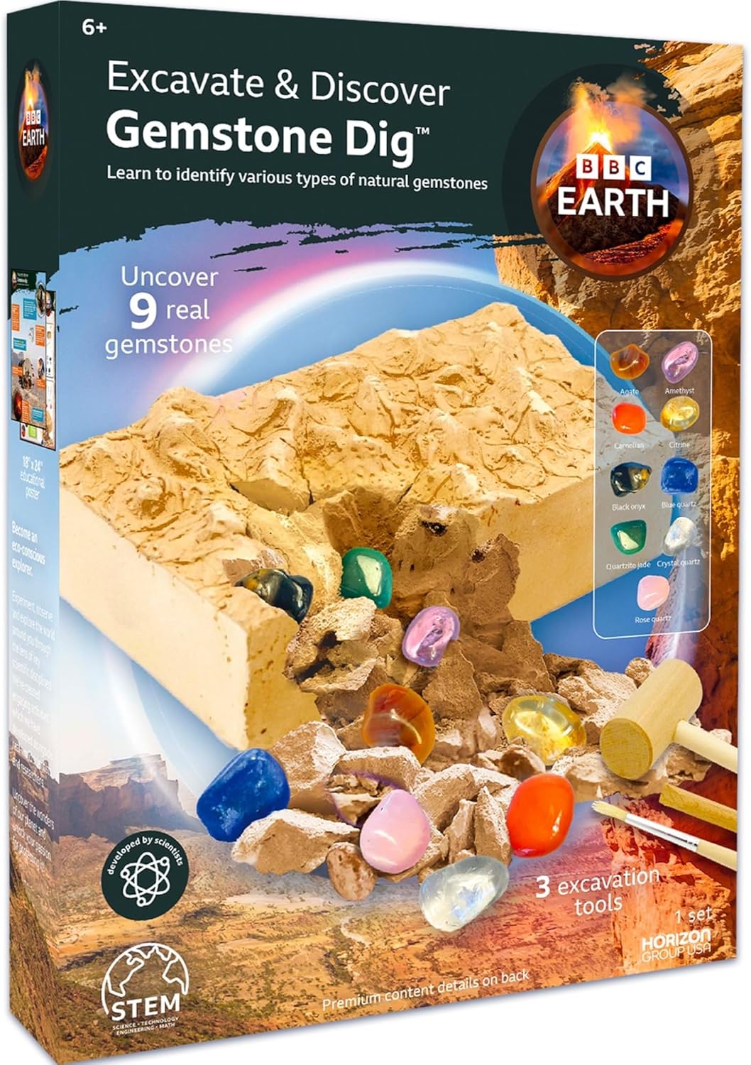 BBC Earth Excavate & Discover Gemstone Dig, Dig Up 9 Real Gemstones & Make Keychains, Rock Digging Excavation Kit