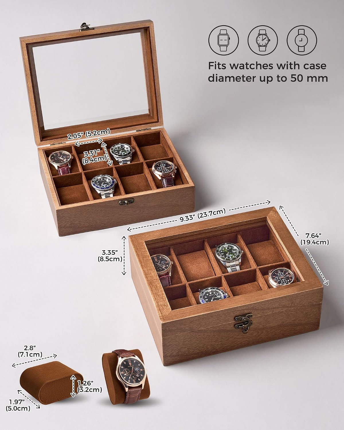 8 Slot Wooden Watch Display Case With Glass Lid, Organizer | Elegant Wooden Watch Box With Glass Lid And Soft Lining