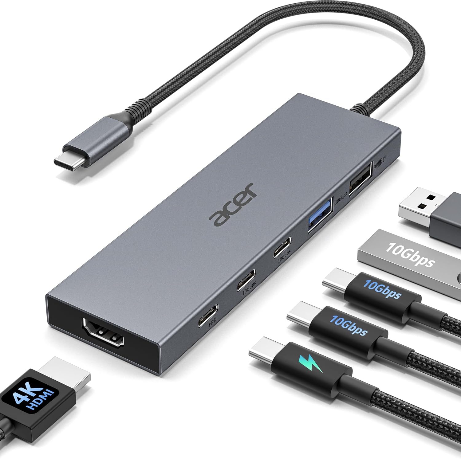6-in-1 USB C Hub 10Gbps, USB C to HDMI Adapter 4K@60Hz, 2×USB-C 3.2, 1×USB A 3.2, 1×USB 2.0 Data Transfer, 100W PD