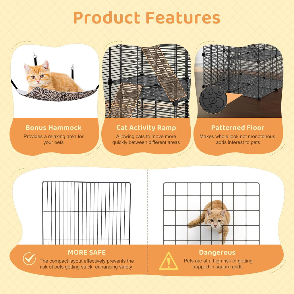 Cat Cage Indoor Cat Enclosures DIY Cat Playpen Detachable Metal Wire Kennels with Extra Large Hammock for 1-2 Cats