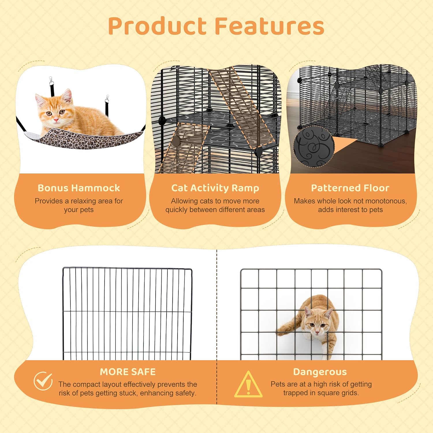 Cat Cage Indoor Cat Enclosures DIY Cat Playpen Detachable Metal Wire Kennels with Extra Large Hammock for 1-2 Cats