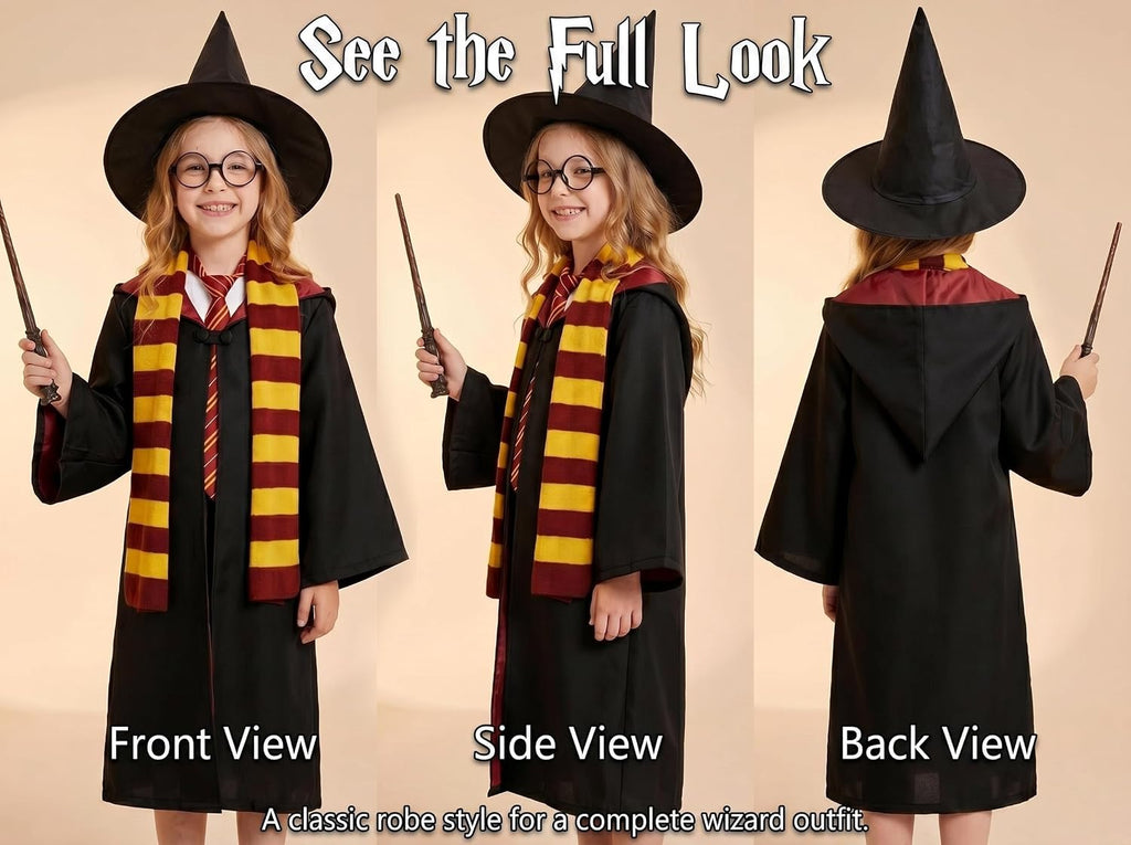 Wizard Costume for Kids 3-15, Wizard Robe Set with Wand, Tie, Scarf, Hat & Glasses, Halloween Cosplay Outfit