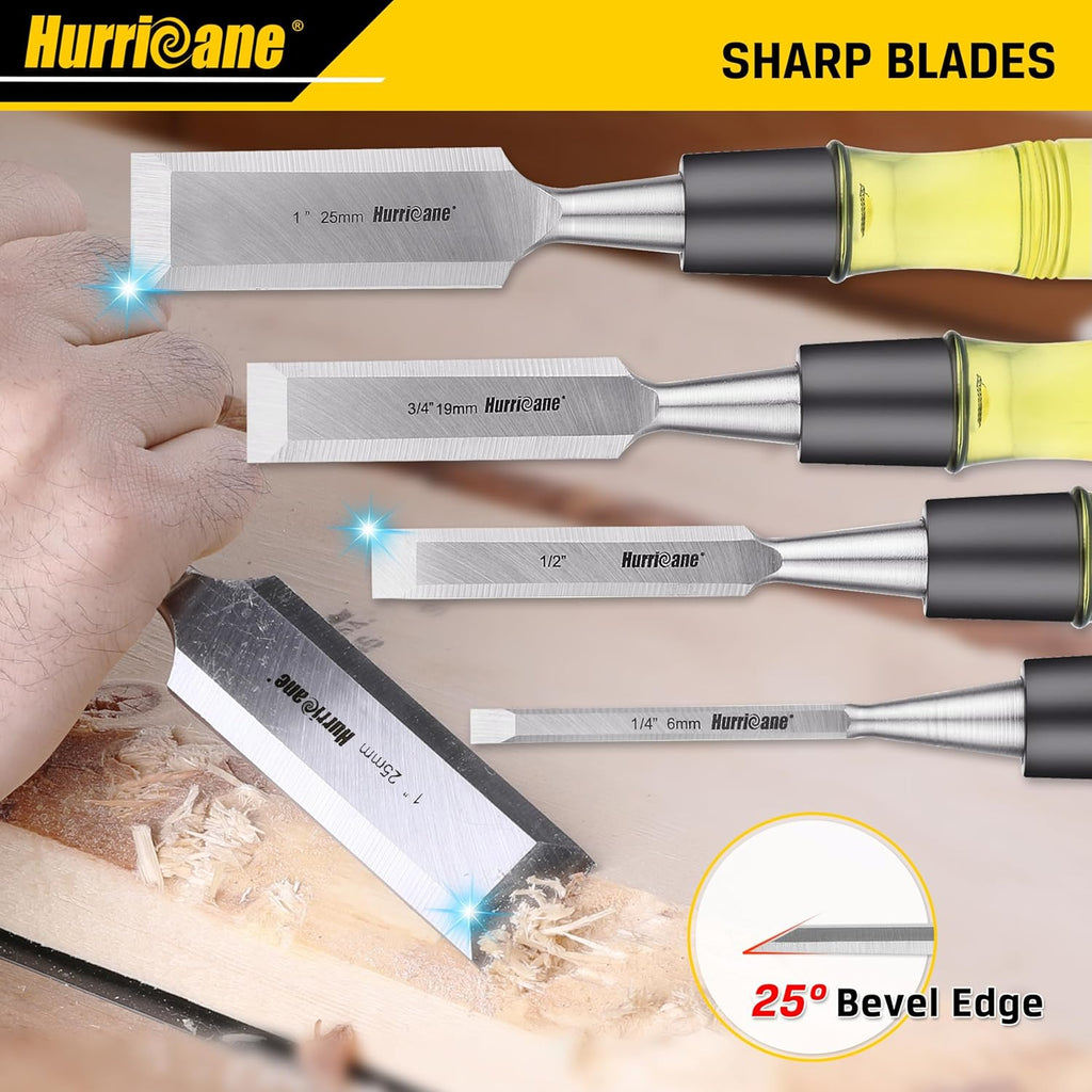 4 Piece Wood Chisel Set for Woodworking. CR-V Steel Beveled Edge Blades with Safety Caps. Durable PVC High Impact