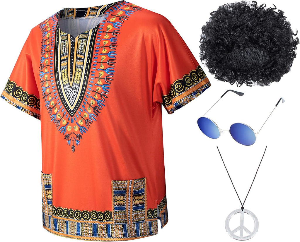 Kids Hippie Costume for Boys Girls 60s 70s 4 Pcs T-Shirt Afro Wig Set for Halloween Party Cosplay 3-12 Years