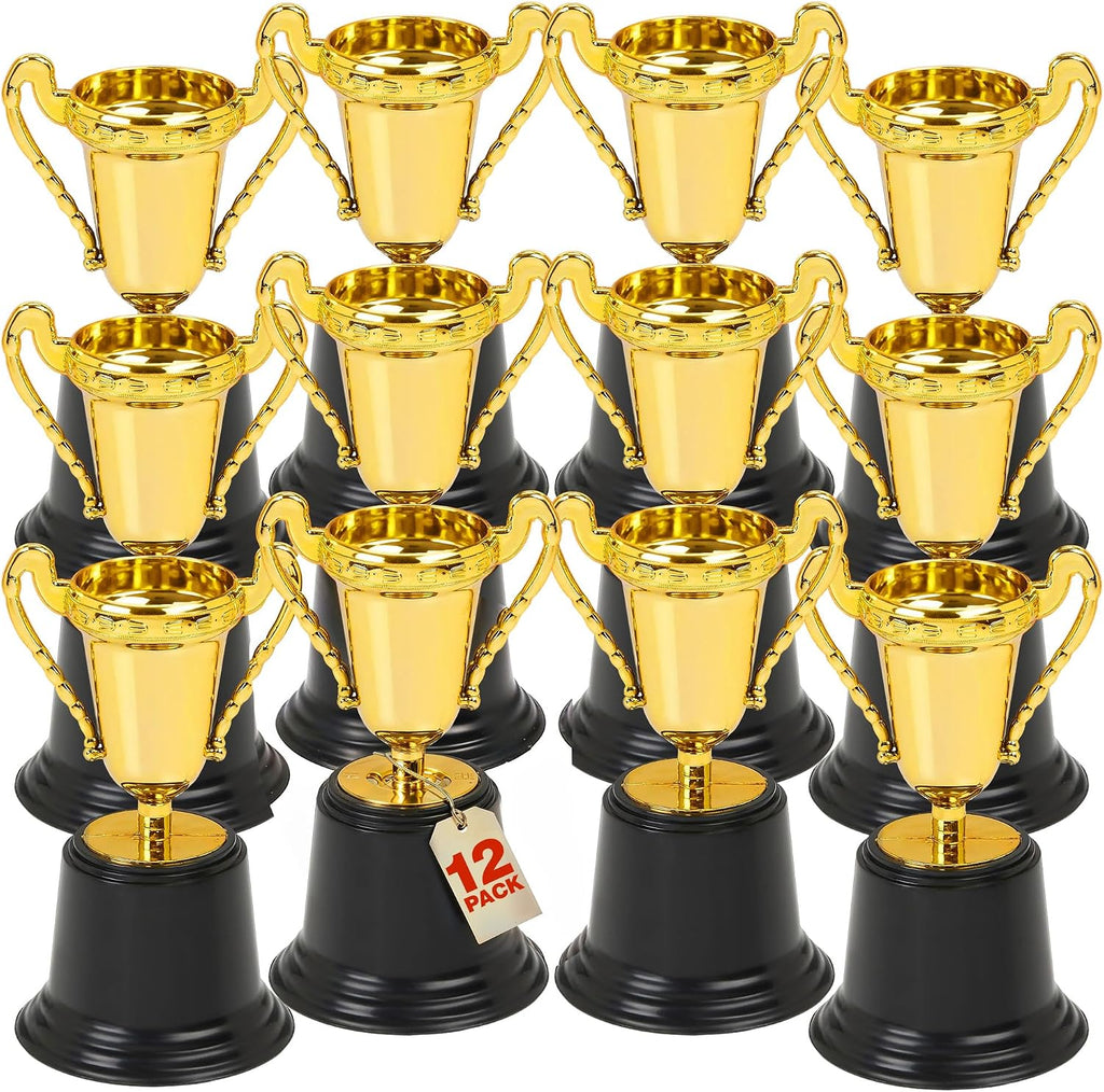 Fun Gold Plastic Mini Trophies - 12 Pack - 5 Inch - Award Trophy Cup Set for Superstar Kids - Champion Celebrations