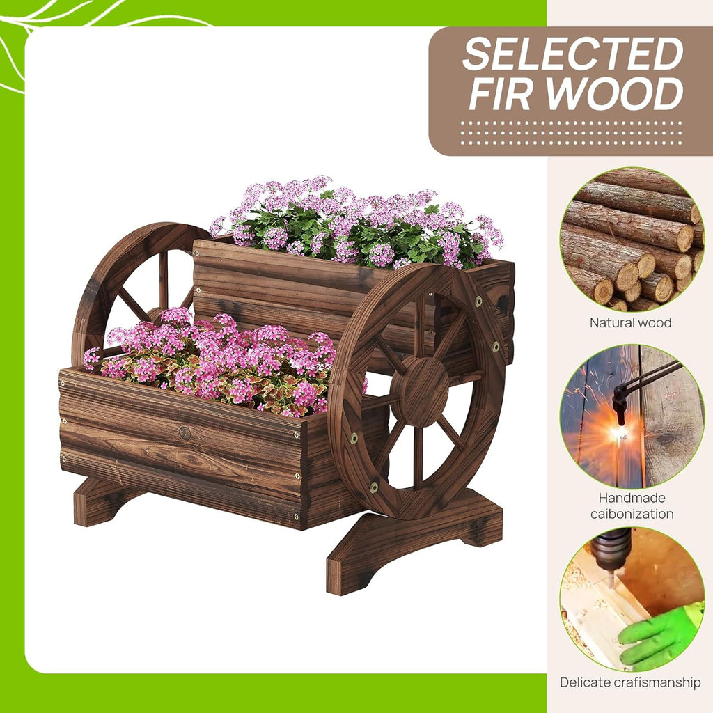 Wooden Wagon Planter Cute Garden Flower Pots Cart with wheels, Outdoor Decoration decor Indoor, Drainage hole, Garden