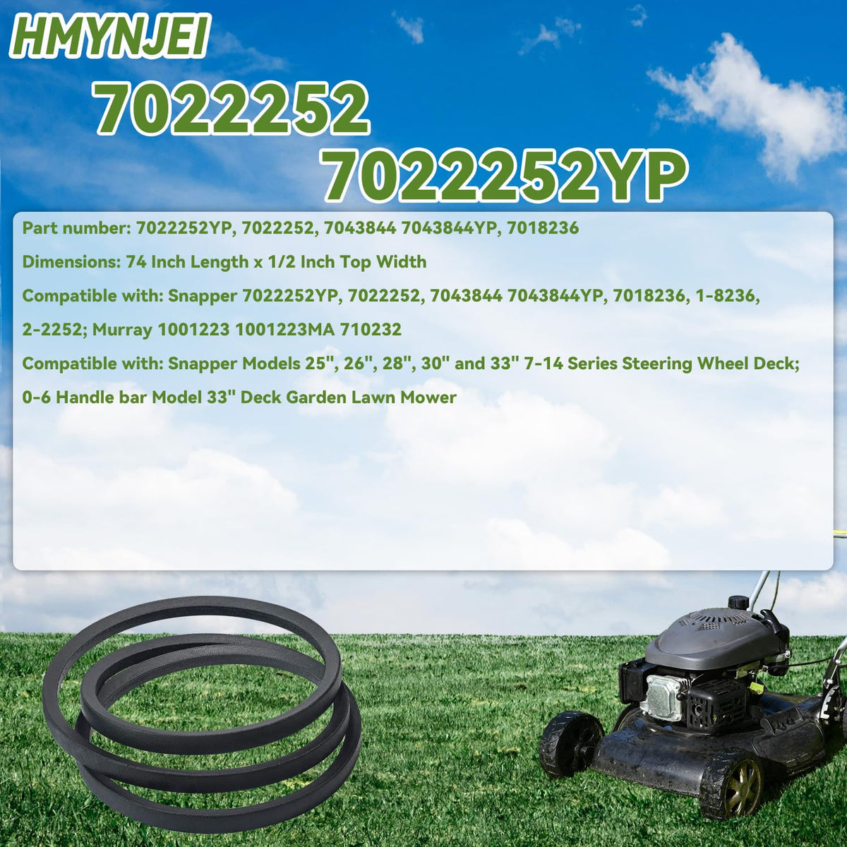 7022252 7022252YP Deck Drive Belt for Snapper 25" 26" 28" 30" 33" Deck 7-14 Series Steering Wheel, 0-6 Handle bar Model 33" Deck Lawn Mower Replace 7043844 7043844YP