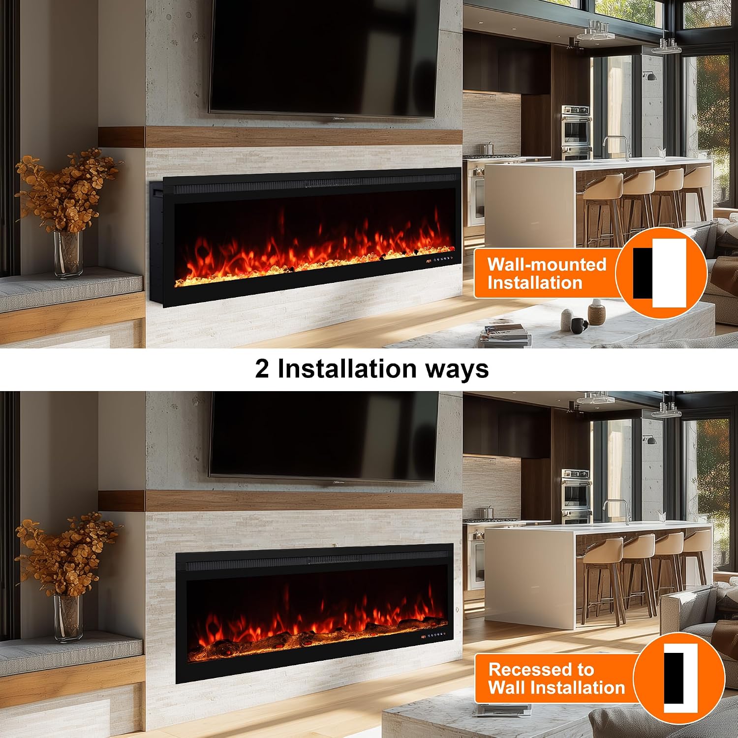 OxharkFlame 60in WiFi Electric Fireplace Insert Recessed WallMounted Heater | Smart Electric Fireplace Realistic