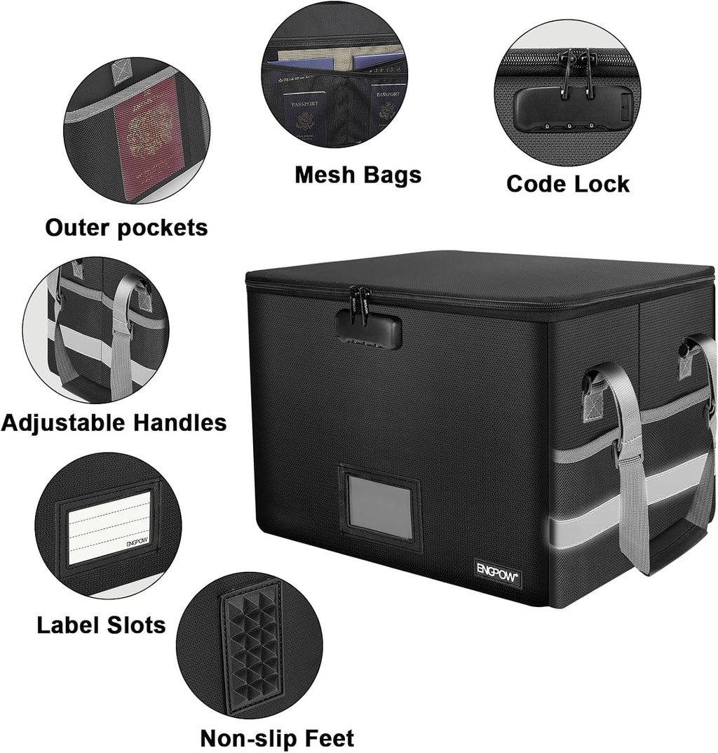 File Box with Lock, Fireproof Document Box with Pockets, Collapsible File Organizer Filing Storage Cabinet with