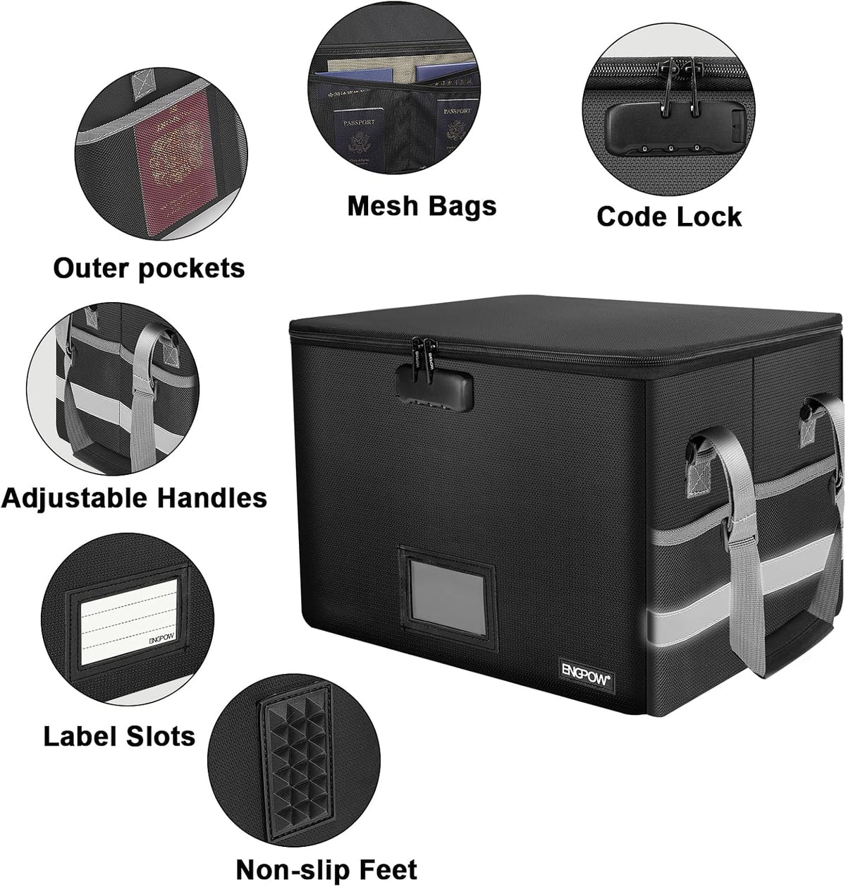 File Box with Lock, Fireproof Document Box with Pockets, Collapsible File Organizer Filing Storage Cabinet with