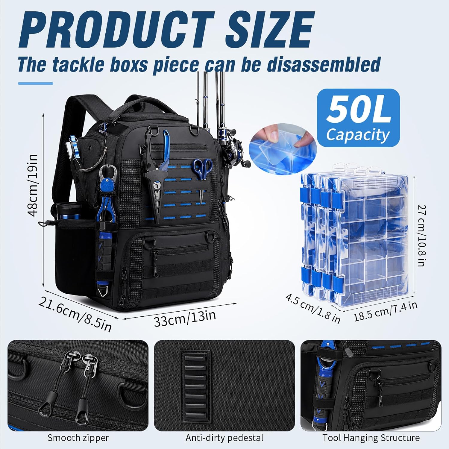 Fishing Tackle Backpack with Tackle Boxes, Two Rod Holders, Bottle Holder, 50L Waterproof Tackle Bag for Fishing