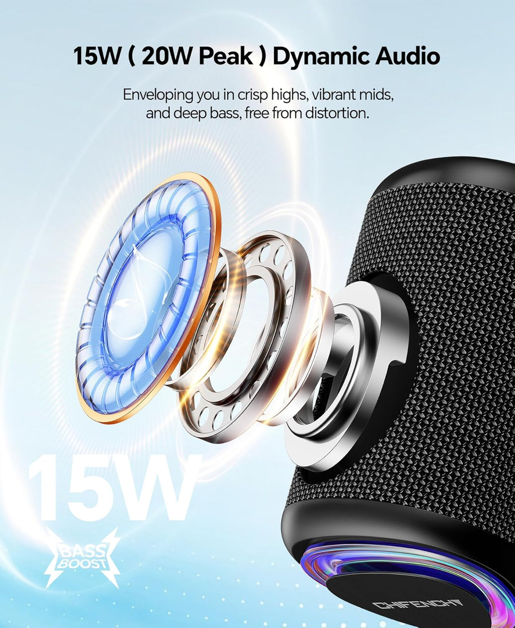 Portable Bluetooth Speaker Beach Essentials: Powerful Crystal Clear Sound/Dynamic Light/IPX5 Waterproof/All Day