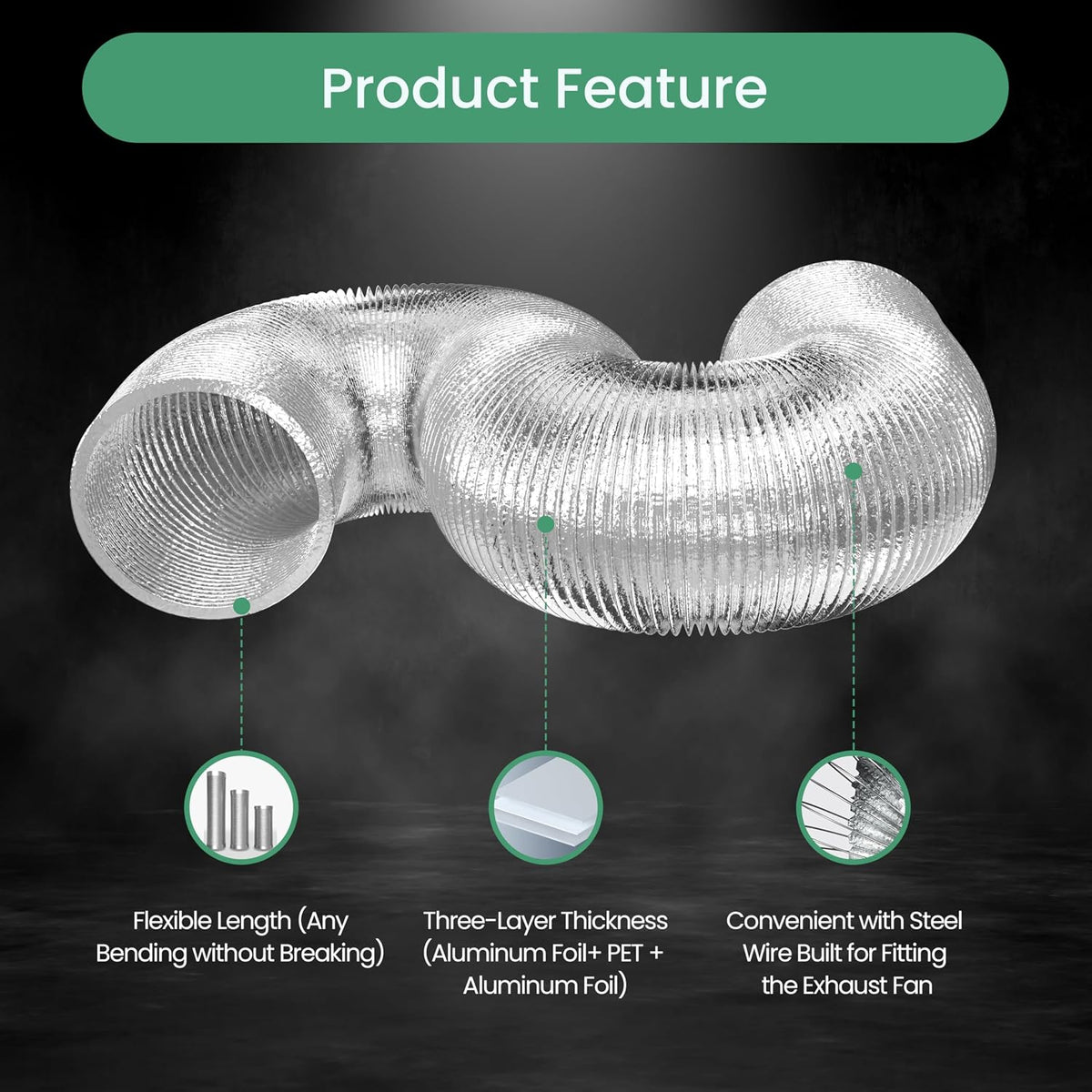 Flexible 6-Inch Aluminum Ducting, Dryer Vent Hose, Heavy-Duty Three-Layer Protection, 25-Feet Long for Heating