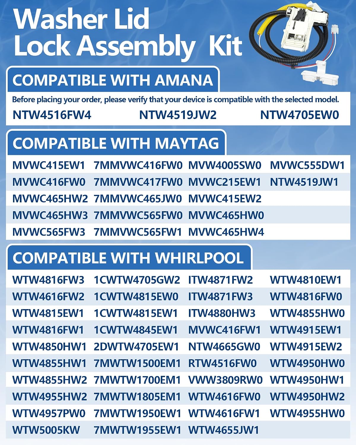 WTW4816FW3 MVWC465HW2 Washer Lid Lock Switch Fit for Whirlpool Maytag Amana