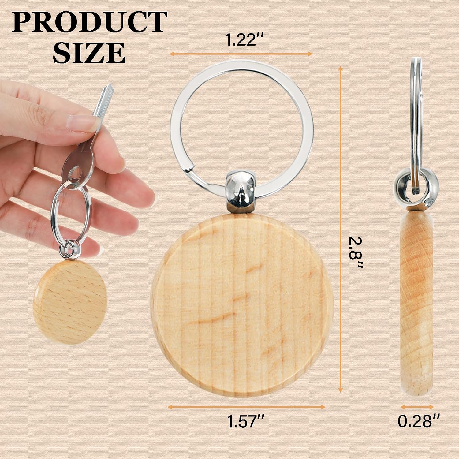 50 Pieces Wood Keychain Blanks, Round | Unfinished Wood Key Chain Crafts with Rings, Laser Engraving Blanks Key Tag