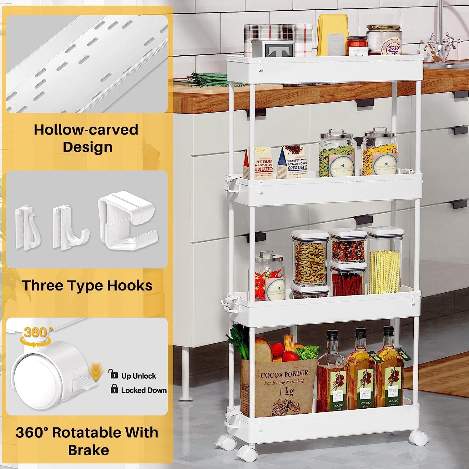 Slim Rolling Storage Cart 4 Tier Bathroom Organizer Mobile Shelving Unit Utility Cart Tower Rack for Kitchen Laundry