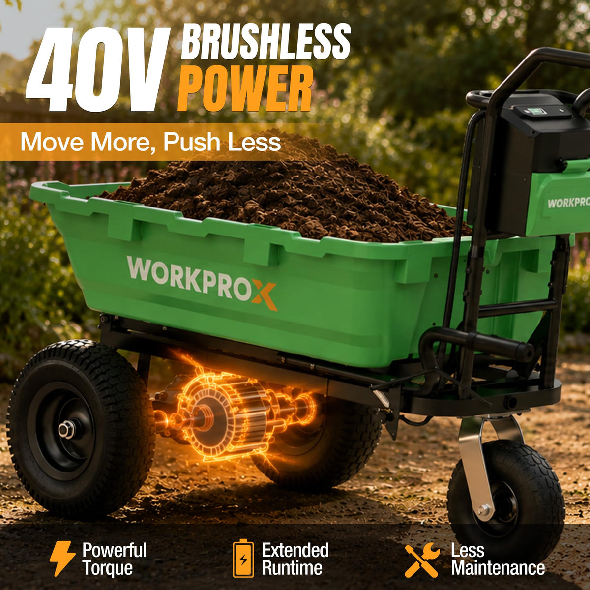 X 40V Electric Wheelbarrow, 440 lbs Load Capacity