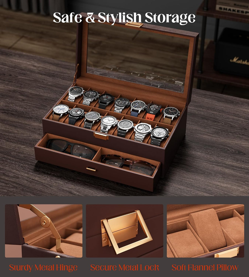 Watch Case Box for Men – 14 Slots Watch Display Organizer with 6-Compartment Eyeglasses Storage, Real Glass Lid