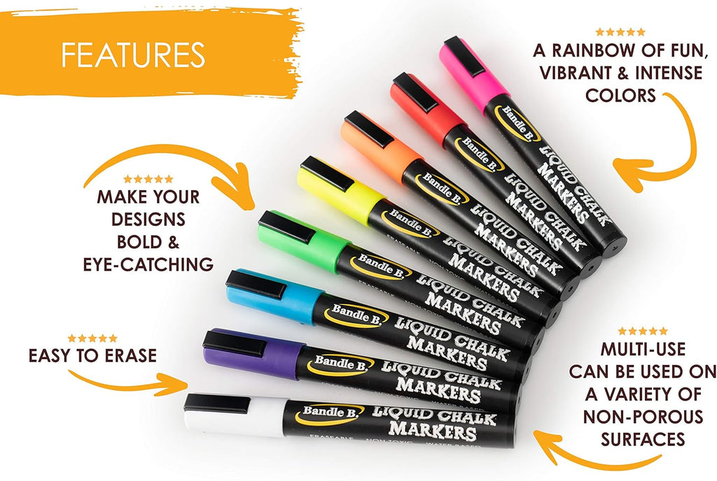 Chalk Markers - 8 Vibrant, Erasable, Non-Toxic, Water-Based, Reversible Tips. For Glass or Chalkboard Markers for
