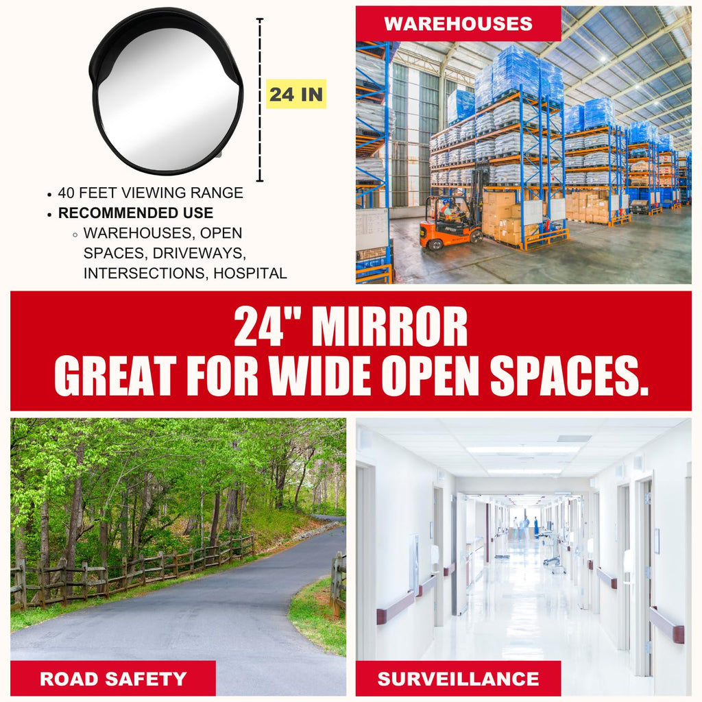 Large 24 Inch Convex Mirror for Blind Spots - Shatterproof Polycarbonate, 180° Wide View for Driveways
