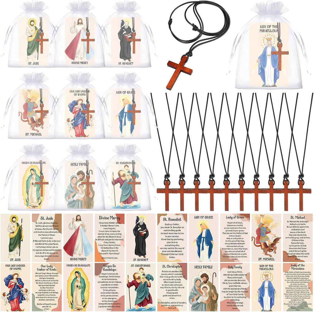 10/20/30 Set Catholic Religious Gifts Set Rosary Christian Cross Necklace with Saint Prayer Cards & Organza Bags