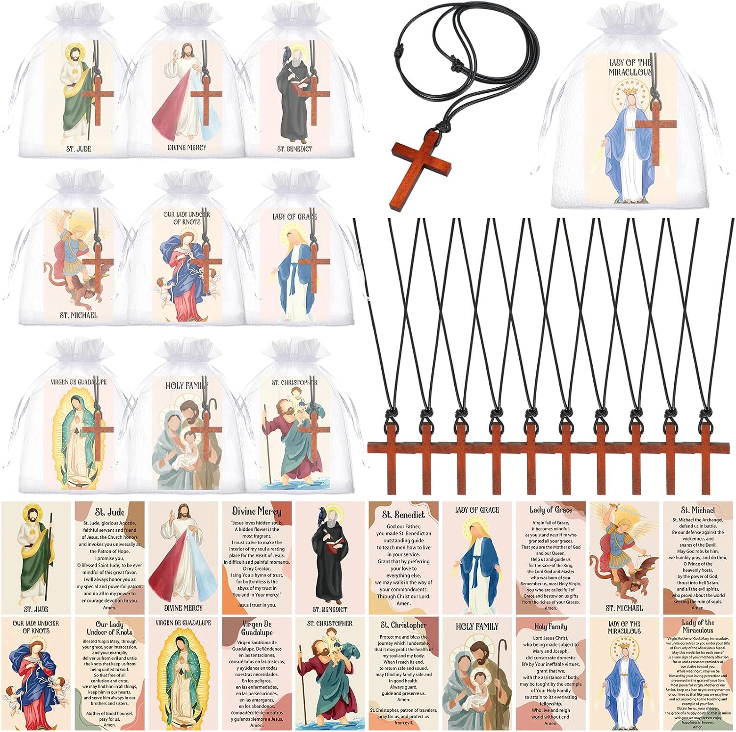 10/20/30 Set Catholic Religious Gifts Set Rosary Christian Cross Necklace with Saint Prayer Cards & Organza Bags