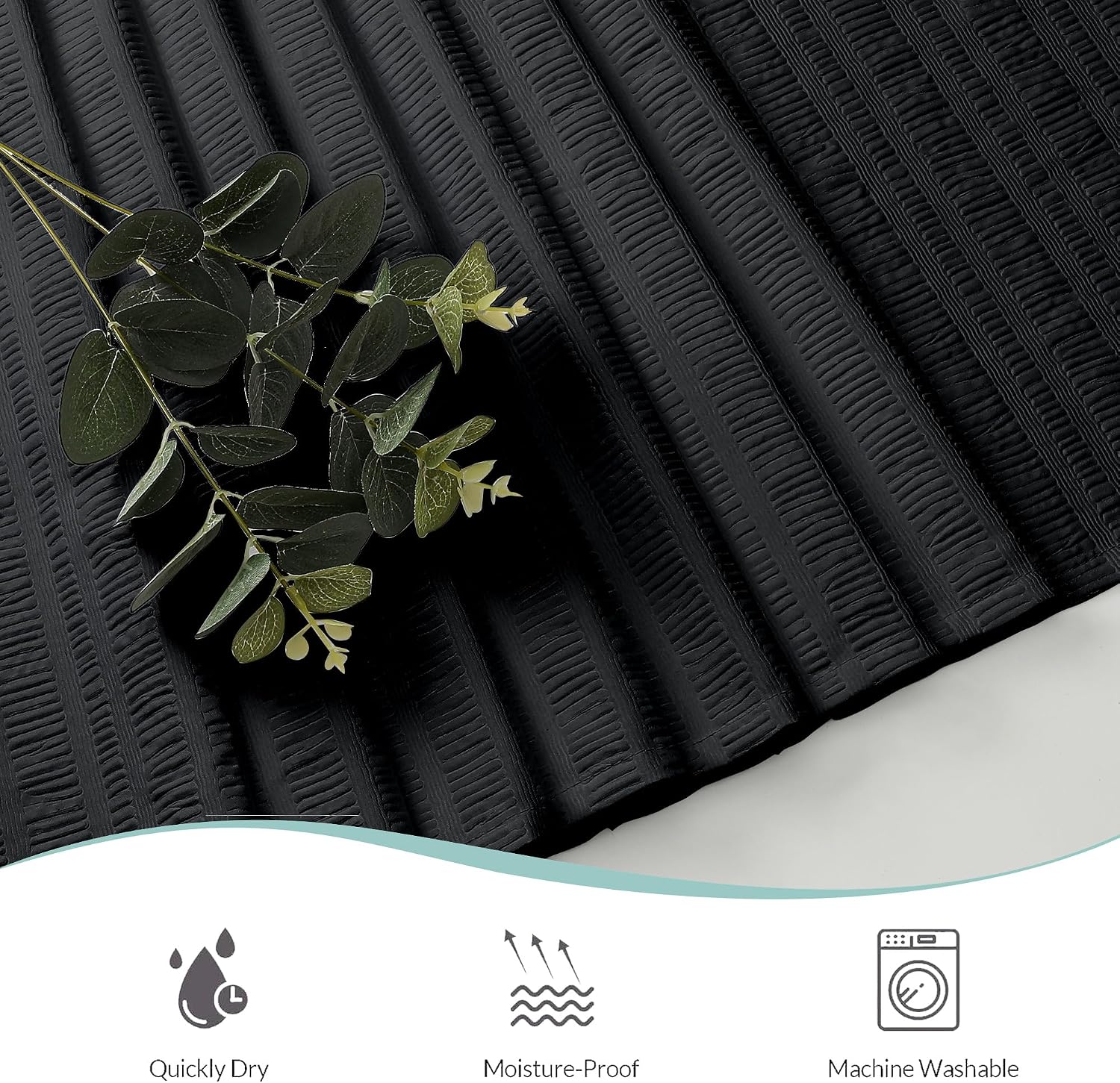 Moga 3D Embossed Waterproof Fabric Shower Curtain - Hotel Quality Soft Black Shower Curtain Fabric, Light-Weight