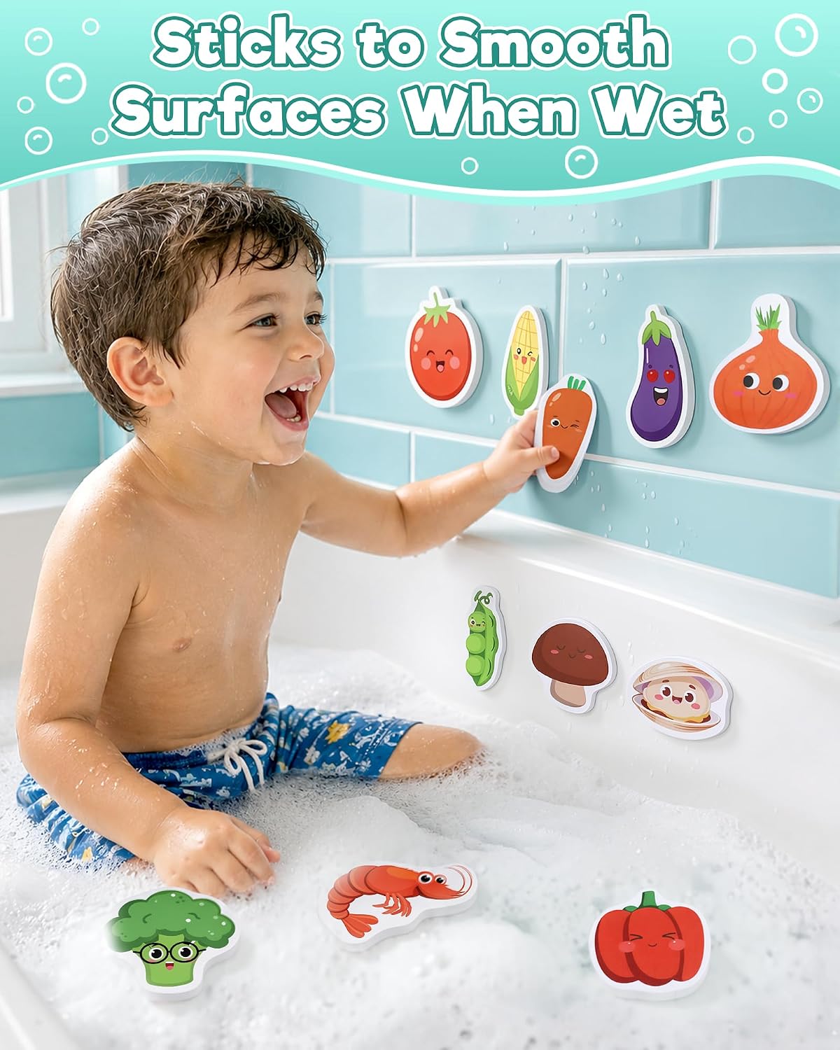 Bath Toys for Kids Ages 4-8 Bathtub Water Toys Play Food Cooking Set | 16 Pcs Mold Free Floating Foam Vegetables &