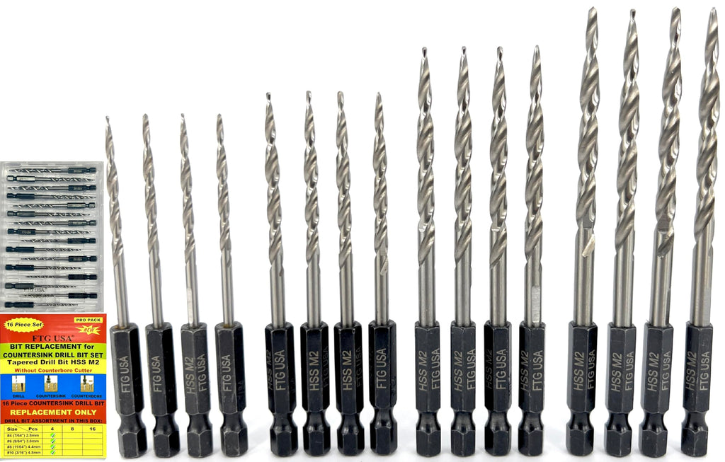 FTG USA 16Pc #4#6#8#10 Replacement Countersink Drill Bit Set Tapered Bits