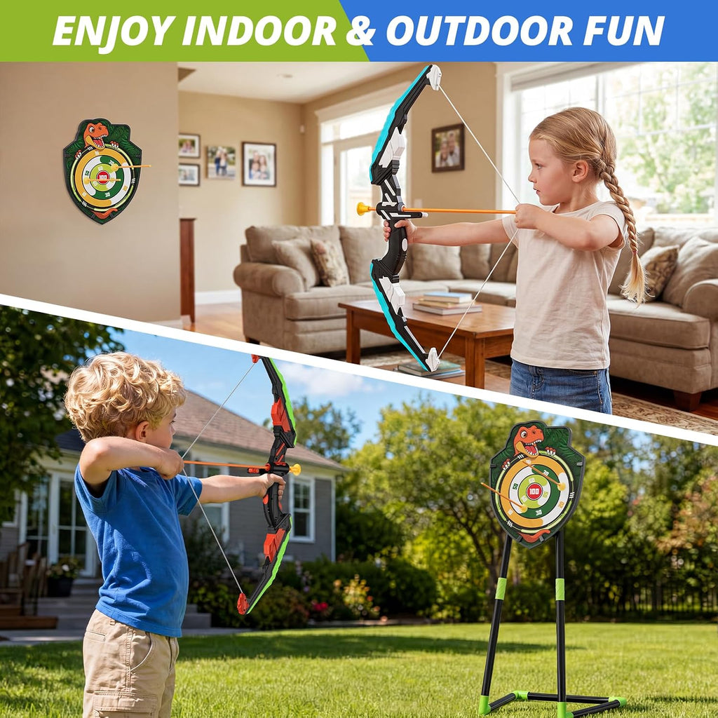 2 Pack Kids Bow and Arrow, LED Archery Set with Dinosaur Target | with 24 Suction Cup Arrows, 1 Standing Target, 6