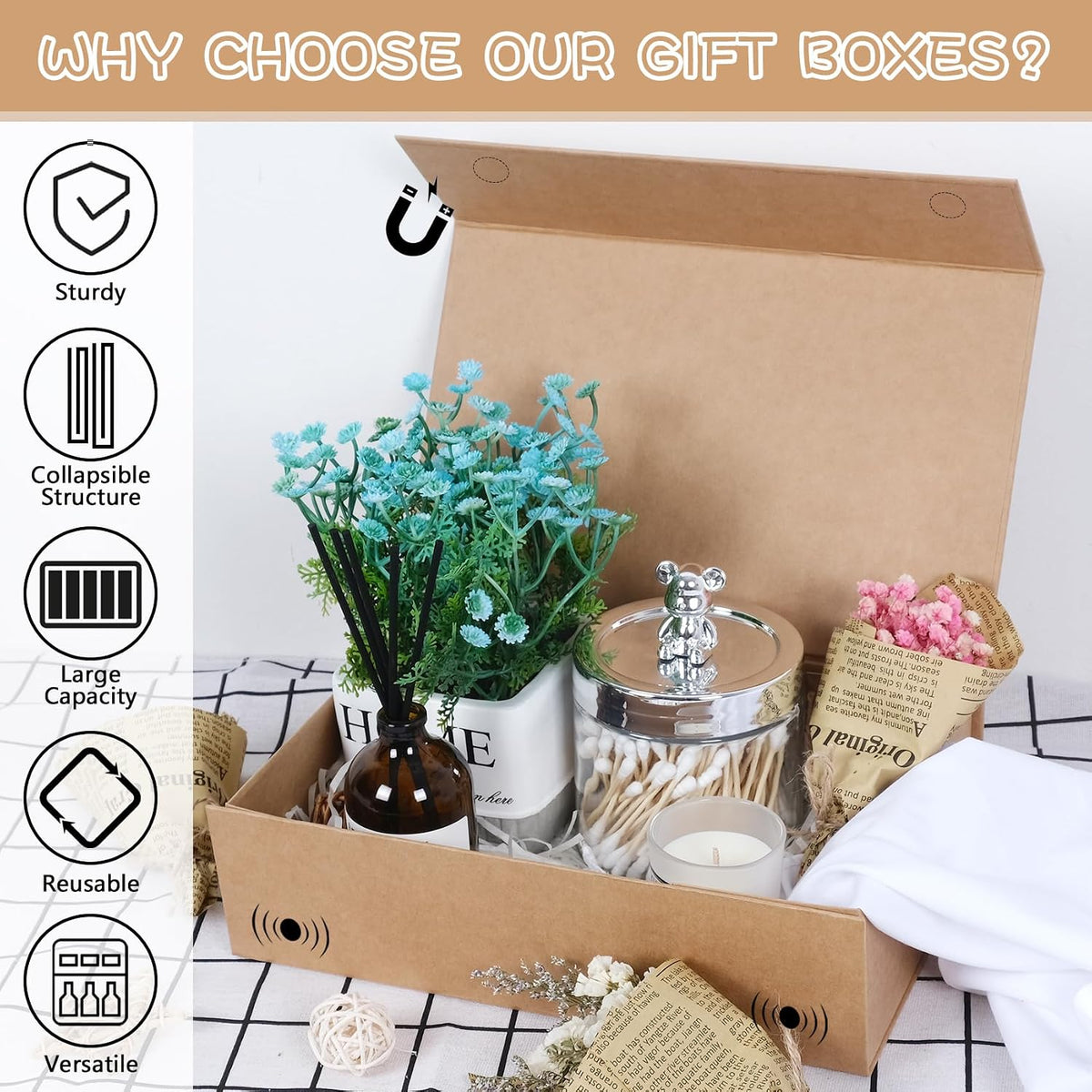 Brown Gift Box with Magnetic Lids for Presents 13.8x9x4.3 in, Large Rectangle Collapsible Decorative Storage Boxes