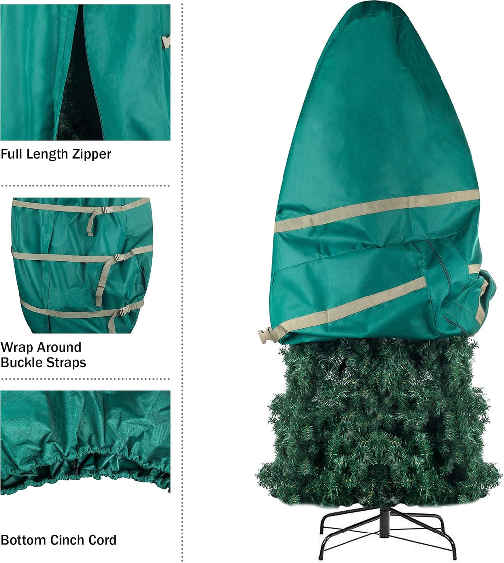 Christmas Tree Storage Bag - Upright Zippered Canvas Cover for 9-Foot Artificial Trees with Buckle Straps and Cinch