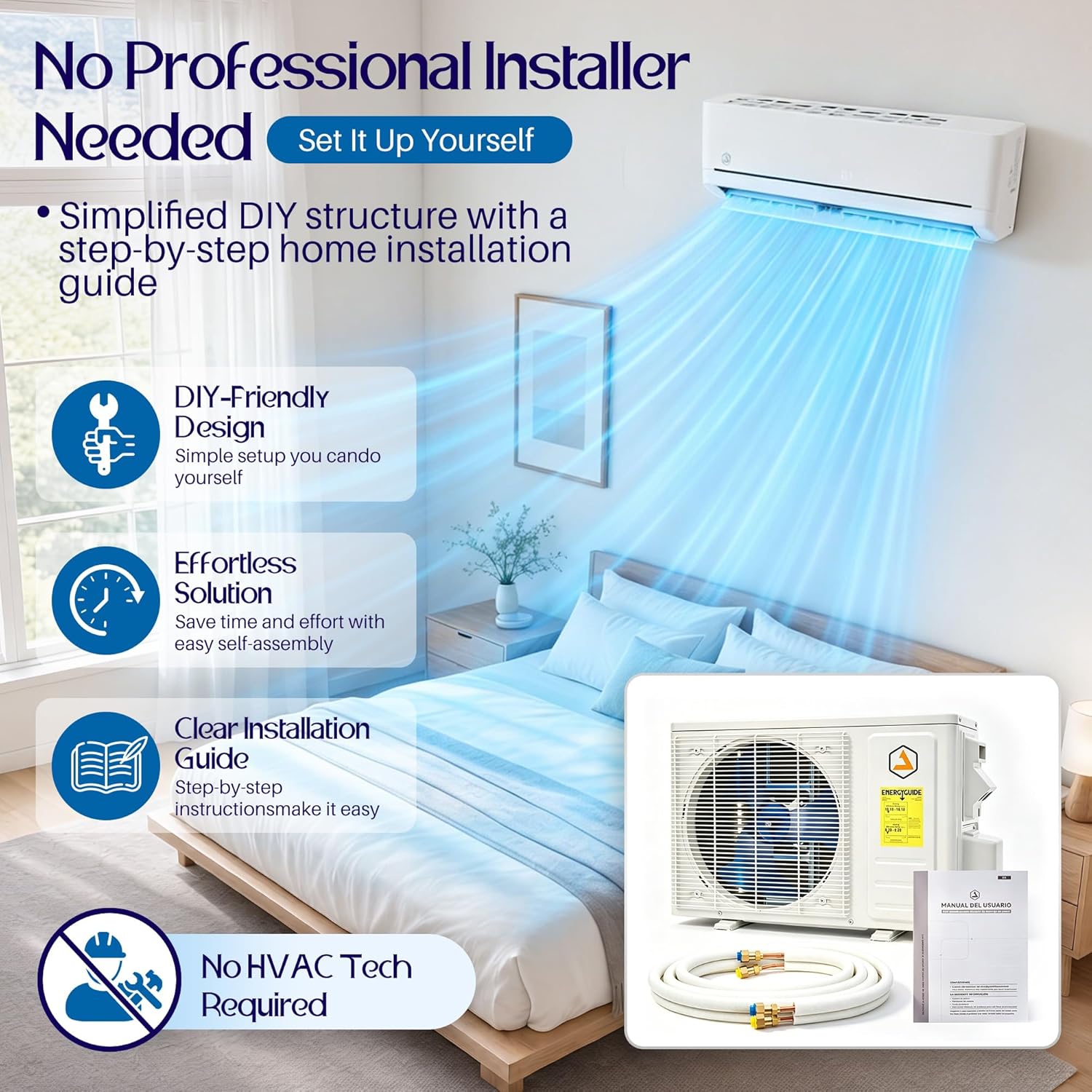Easy DIY 12,000 BTU Mini Split AC & Heat Pump, 115V, 18 SEER2 | Pre-Wired Indoor Unit, Vacuum-Free Outdoor Unit, WiFi