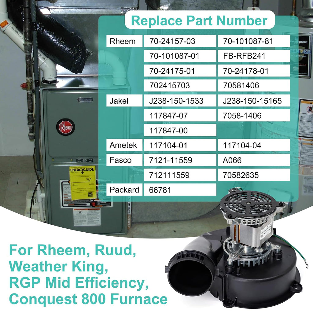 Furnace Draft Inducer Blower Motor Replacement for Rheem Ruud FB-RFB241, 70-24157-03, Jakel J238-150-1533, J238-150-15165, Ametek 117104-01, Fasco 7021-11559