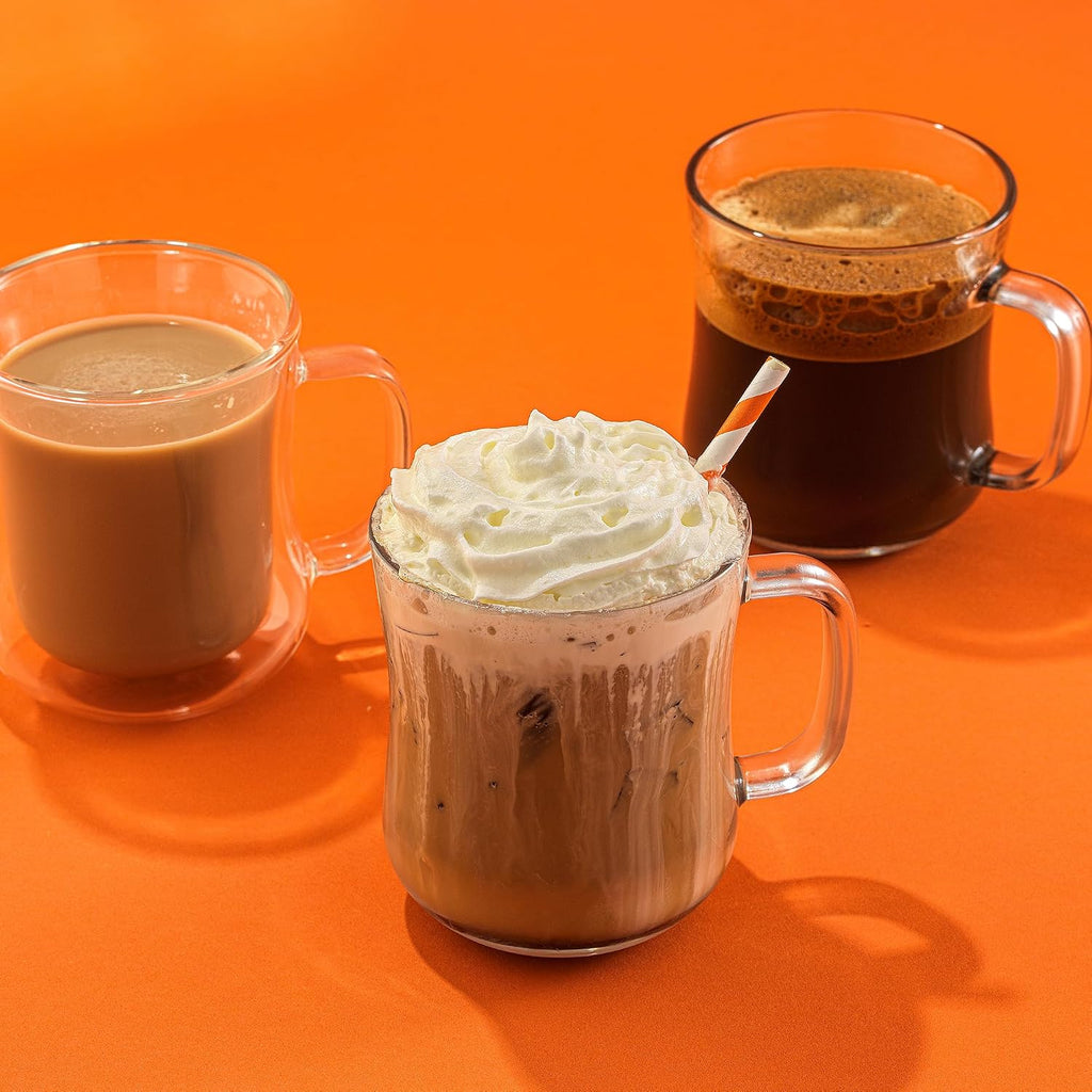 Glass Coffee Cups - 15.5oz Diner Coffee Mug Set of 4. Clear Coffee Mugs, Cappuccino & Latte Glasses