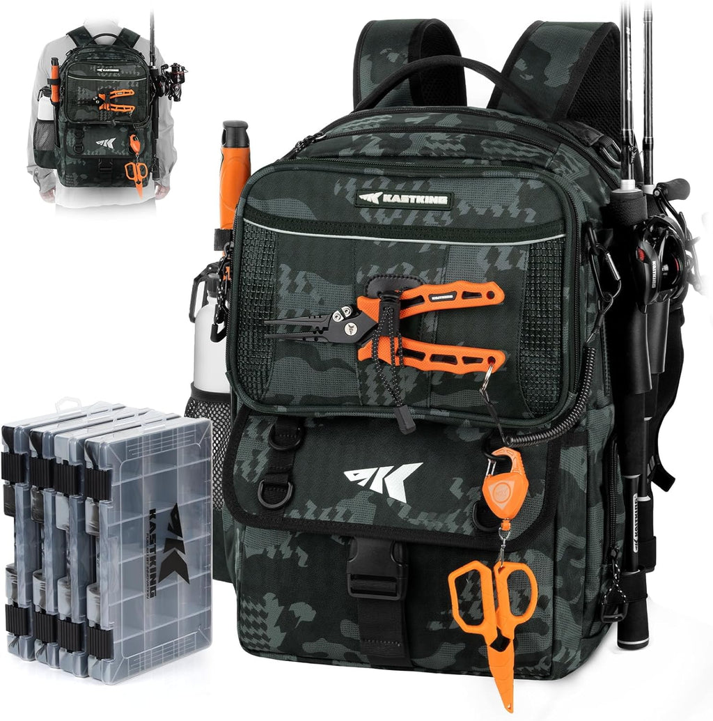 BaitSpace Fishing Tackle Backpack with Removable Bait Binder,2 Rod Holders Storage Fishing Gear and Equipment | 50L