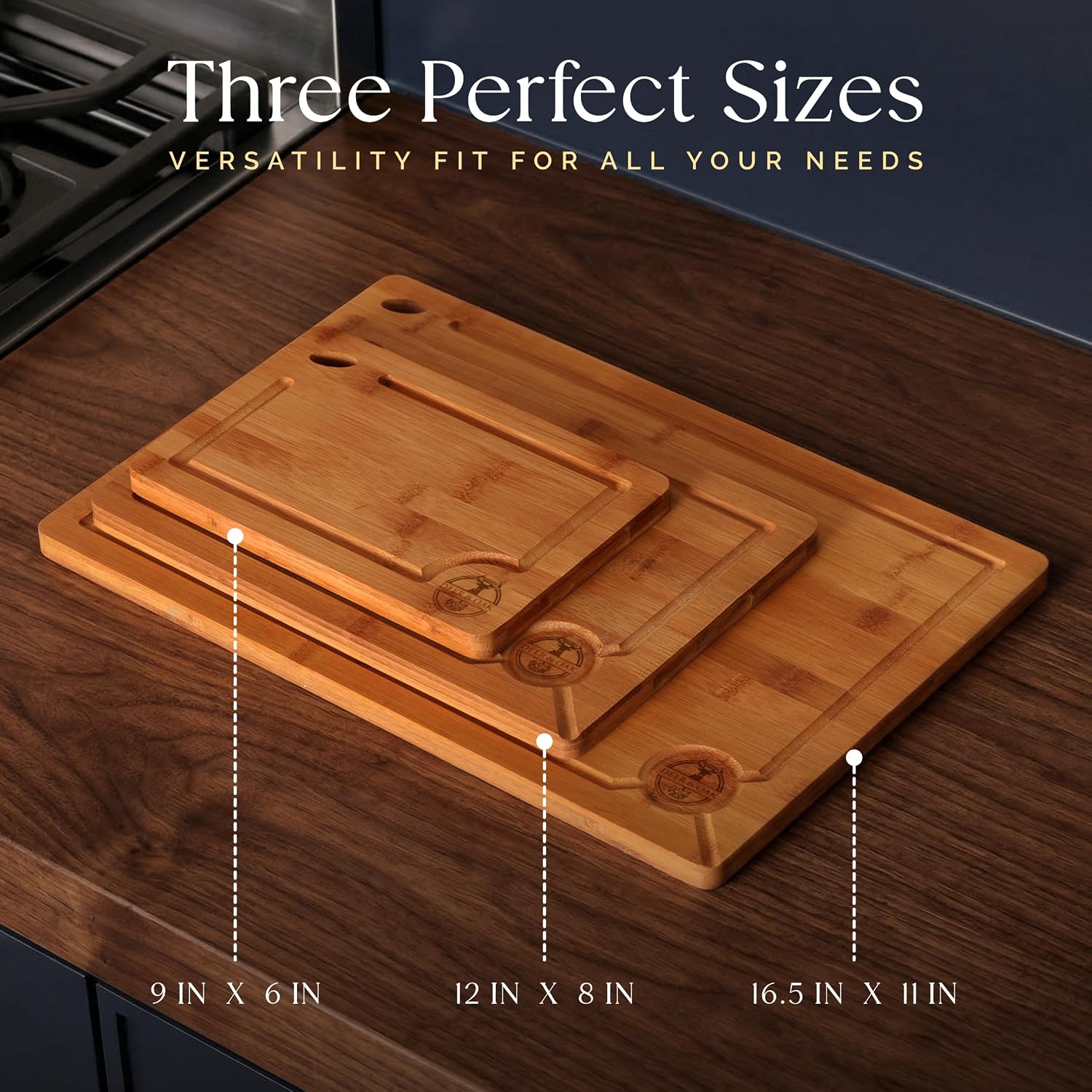 Pre-Oiled, Non Toxic 3-Piece Carbonized Bamboo Cutting Board Set, Eco-Friendly Wooden Chopping Boards for Kitchen